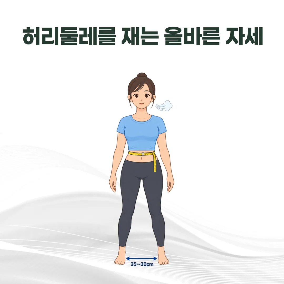 양발을 25~30cm 벌리고 숨을 내쉰 뒤 허리둘레를 재는 자세