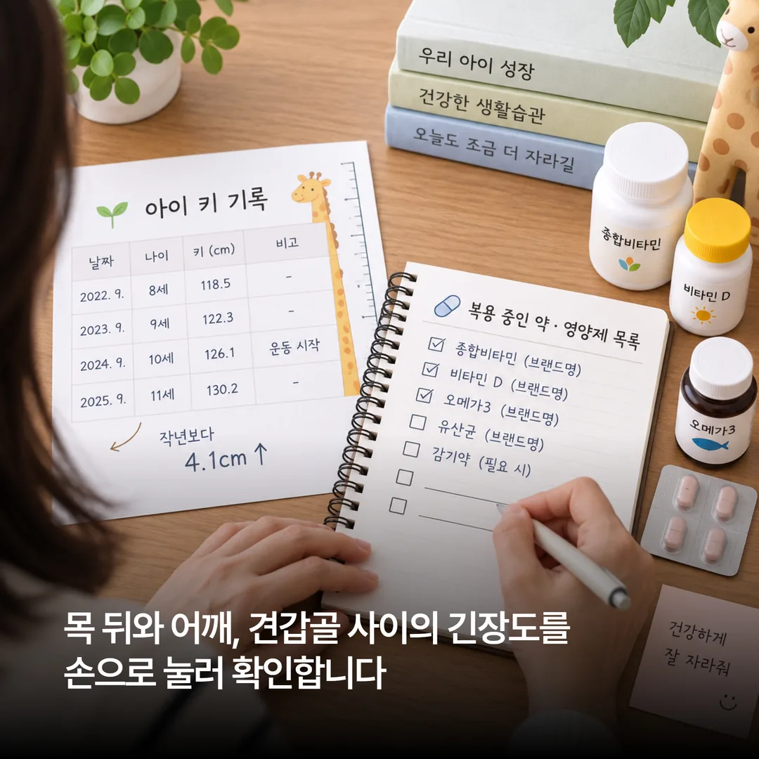 성장 상담 전 아이의 키 기록과 복용 중인 약 목록을 정리하는 모습