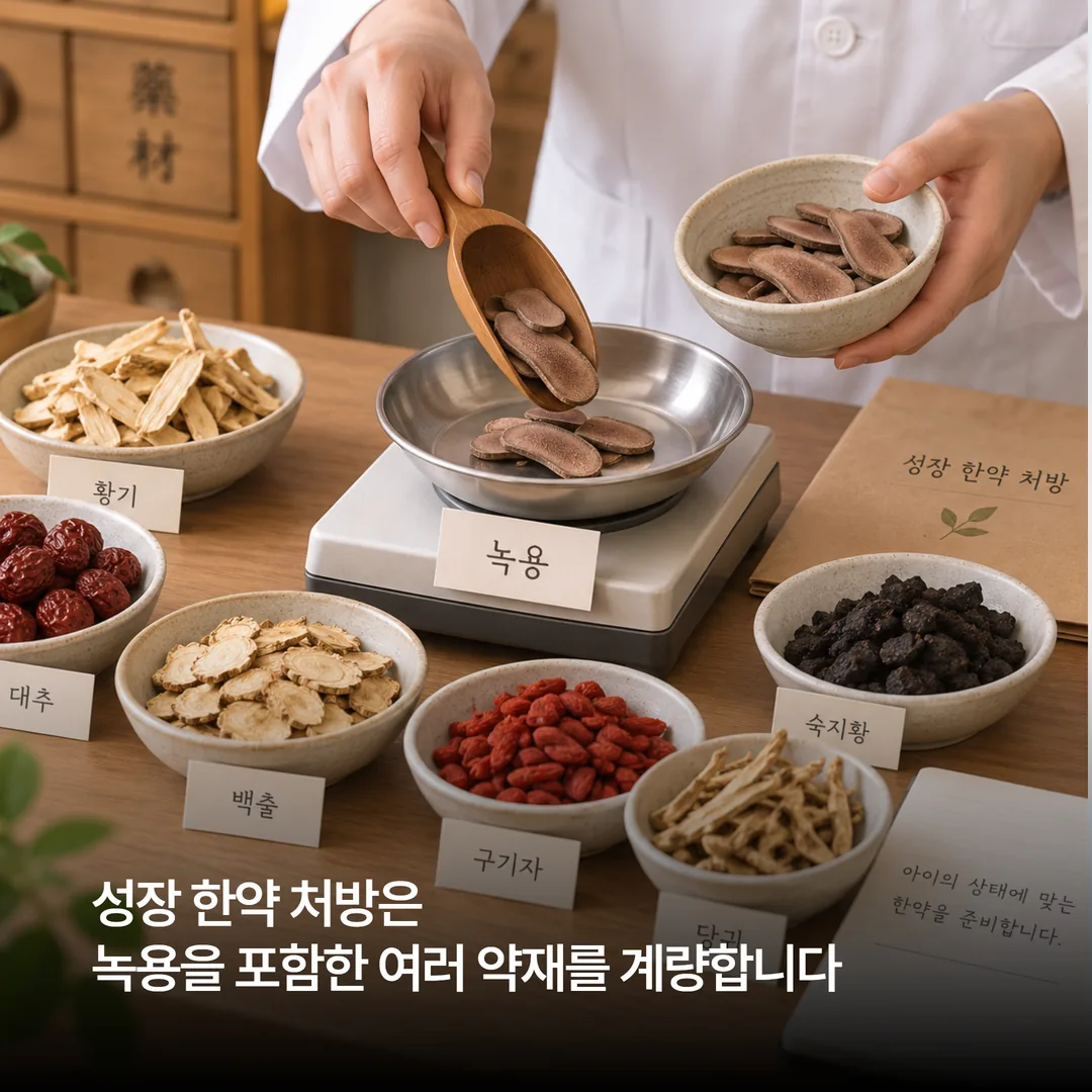 성장 한약 처방에서 녹용을 포함한 여러 약재를 계량하는 장면