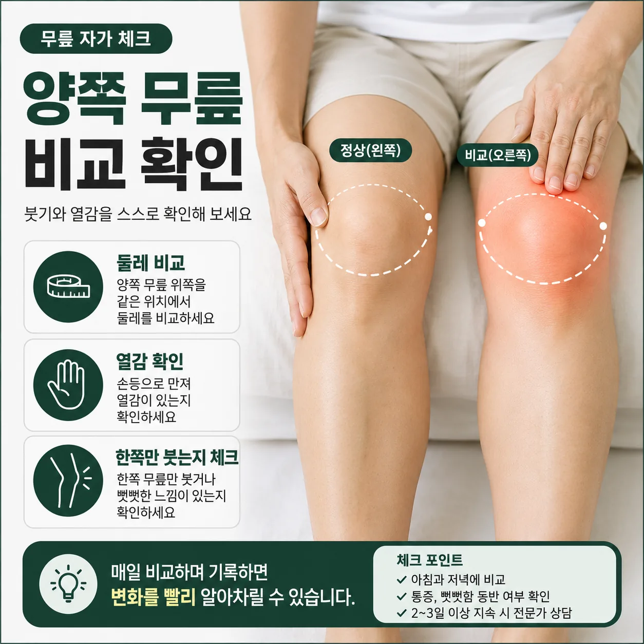 양쪽 무릎의 둘레와 온도를 비교하는 자가 확인 방법