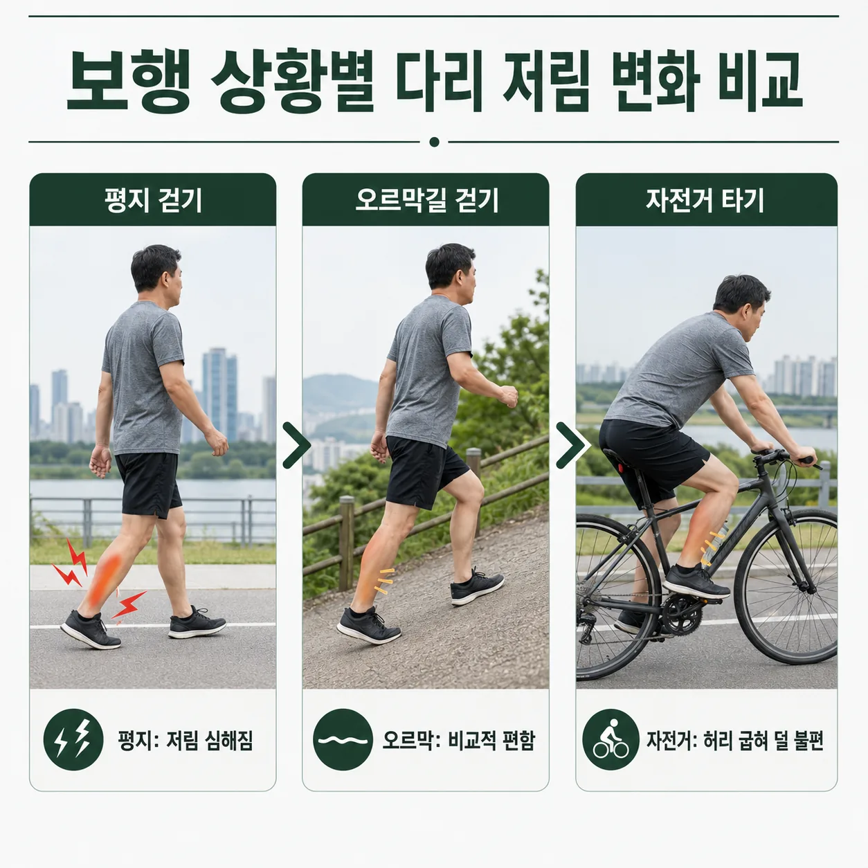 보행 상황별 다리 저림 변화 비교 그림